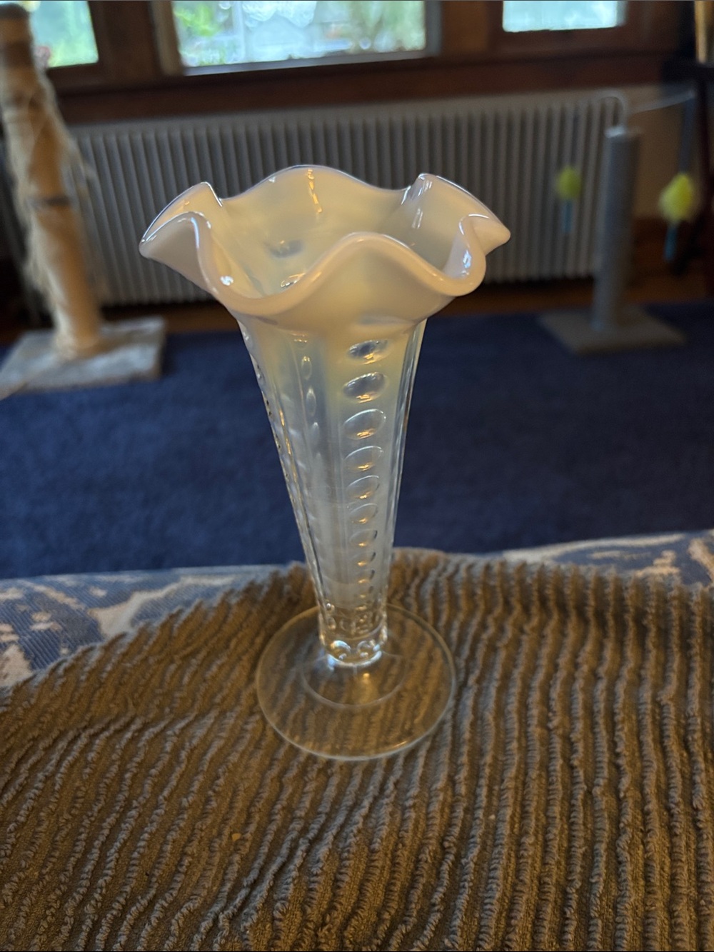 Glass Opalescent Concave Coin Spot Ruffled 7” Vase